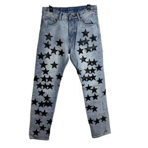 MNML Mens Black Star Patch Slim Jeans Light Blue Wash Button-Fly Cotton 31